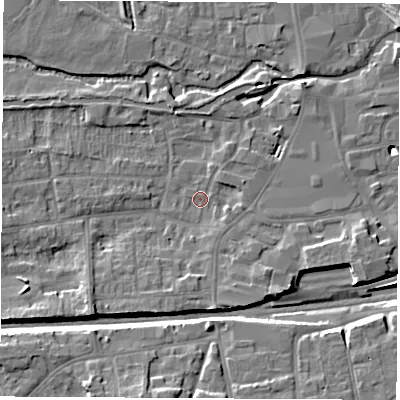 Shaded relief map of the ground around RG145PN, computed from Environment Agency LiDAR. The ground here sits at about 76 m above sea level and falls 12 m across the surrounding 800 m. Surface water reaching this point runs off ground lying to the south-west, 5.7 m higher.