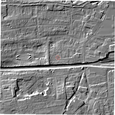 Shaded relief map of the ground around RG145PP, computed from Environment Agency LiDAR. The ground here sits at about 78 m above sea level and falls 12 m across the surrounding 800 m. Surface water reaching this point runs off ground lying to the south-west, 3.0 m higher.