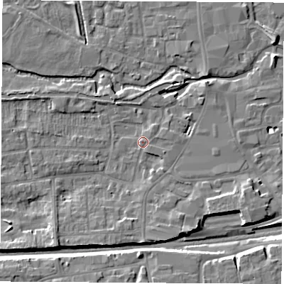 Shaded relief map of the ground around RG145PQ, computed from Environment Agency LiDAR. The ground here sits at about 77 m above sea level and falls 10 m across the surrounding 800 m. Surface water reaching this point runs off ground lying to the south-west, 5.9 m higher.