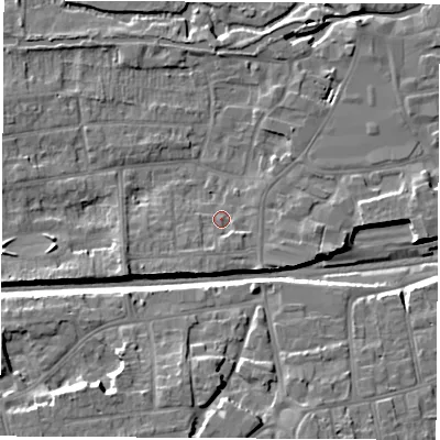 Shaded relief map of the ground around RG145PR, computed from Environment Agency LiDAR. The ground here sits at about 77 m above sea level and falls 12 m across the surrounding 800 m. Surface water reaching this point runs off ground lying to the south-south-west, 1.8 m higher.