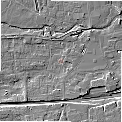 Shaded relief map of the ground around RG145PU, computed from Environment Agency LiDAR. The ground here sits at about 76 m above sea level and falls 11 m across the surrounding 800 m. Surface water reaching this point runs off ground lying to the south-west, 5.7 m higher.
