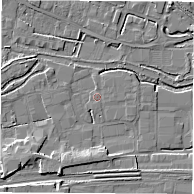 Shaded relief map of the ground around RG145PX, computed from Environment Agency LiDAR. The ground here sits at about 74 m above sea level and falls 10 m across the surrounding 800 m. Surface water reaching this point runs off ground lying to the north-east, 0.7 m higher.