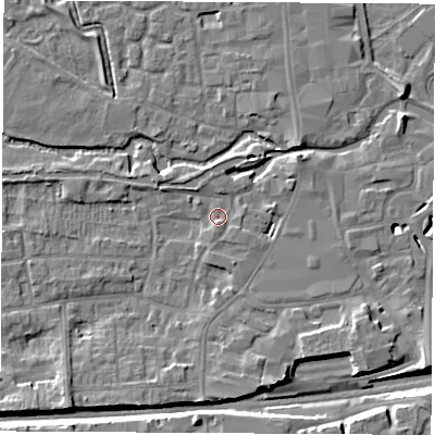 Shaded relief map of the ground around RG145PY, computed from Environment Agency LiDAR. The ground here sits at about 77 m above sea level and falls 9 m across the surrounding 800 m. Surface water reaching this point runs off ground lying to the south-west, 5.7 m higher.