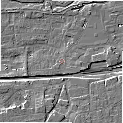 Shaded relief map of the ground around RG145QA, computed from Environment Agency LiDAR. The ground here sits at about 77 m above sea level and falls 14 m across the surrounding 800 m. Surface water reaching this point runs off ground lying to the south-west, 2.6 m higher.