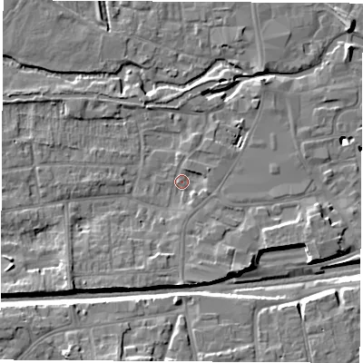 Shaded relief map of the ground around RG145QB, computed from Environment Agency LiDAR. The ground here sits at about 77 m above sea level and falls 12 m across the surrounding 800 m. Surface water reaching this point runs off ground lying to the south-west, 5.2 m higher.
