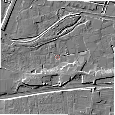 Shaded relief map of the ground around RG145QE, computed from Environment Agency LiDAR. The ground here sits at about 74 m above sea level and falls 10 m across the surrounding 800 m. Surface water reaching this point runs off ground lying to the south, 6.6 m higher.
