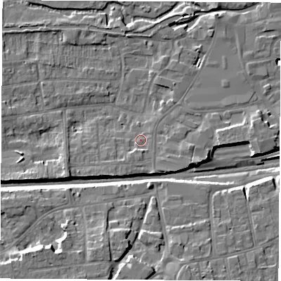 Shaded relief map of the ground around RG145QF, computed from Environment Agency LiDAR. The ground here sits at about 77 m above sea level and falls 14 m across the surrounding 800 m. Surface water reaching this point runs off ground lying to the south-west, 2.9 m higher.