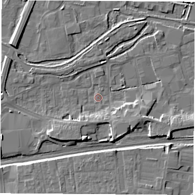 Shaded relief map of the ground around RG145QG, computed from Environment Agency LiDAR. The ground here sits at about 75 m above sea level and falls 9 m across the surrounding 800 m. Surface water reaching this point runs off ground lying to the south-south-west, 5.0 m higher.