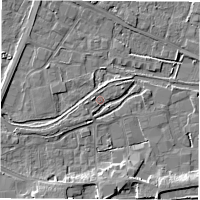 Shaded relief map of the ground around RG145QL, computed from Environment Agency LiDAR. The ground here sits at about 75 m above sea level and falls 9 m across the surrounding 800 m. Surface water reaching this point runs off ground lying to the west-north-west, 3.3 m higher.
