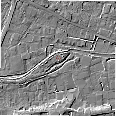 Shaded relief map of the ground around RG145QN, computed from Environment Agency LiDAR. The ground here sits at about 75 m above sea level and falls 8 m across the surrounding 800 m. Surface water reaching this point runs off ground lying to the north-north-east, 1.1 m higher.