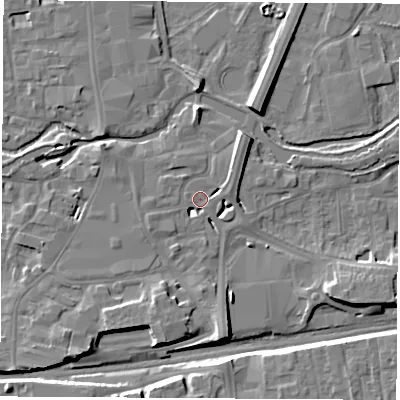 Shaded relief map of the ground around RG145QP, computed from Environment Agency LiDAR. The ground here sits at about 76 m above sea level and falls 8 m across the surrounding 800 m. Surface water reaching this point runs off ground lying to the north-east, 5.1 m higher.