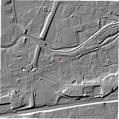 Shaded relief map of the ground around RG145QS, computed from Environment Agency LiDAR. The ground here sits at about 75 m above sea level and falls 9 m across the surrounding 800 m. Surface water reaching this point runs off ground lying to the west, 1.4 m higher.