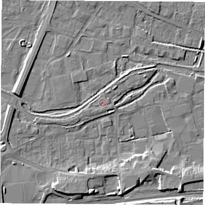 Shaded relief map of the ground around RG145QW, computed from Environment Agency LiDAR. The ground here sits at about 76 m above sea level and falls 9 m across the surrounding 800 m. The ground contributing surface water to this point lies to the east-south-east.
