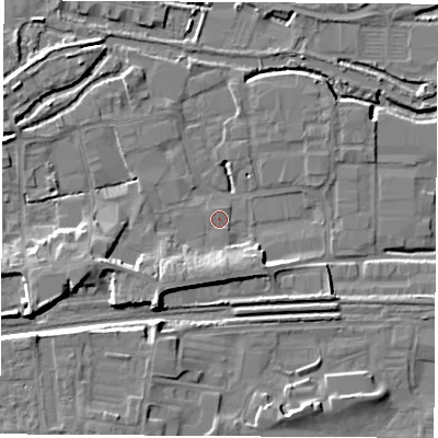 Shaded relief map of the ground around RG145RD, computed from Environment Agency LiDAR. The ground here sits at about 74 m above sea level and falls 10 m across the surrounding 800 m. Surface water reaching this point runs off ground lying to the south-west, 8.0 m higher.