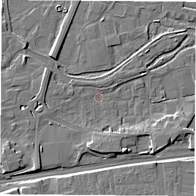 Shaded relief map of the ground around RG145RE, computed from Environment Agency LiDAR. The ground here sits at about 74 m above sea level and falls 9 m across the surrounding 800 m. Surface water reaching this point runs off ground lying to the south-west, 7.3 m higher.