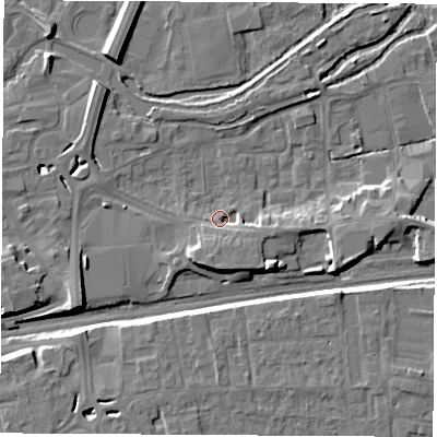 Shaded relief map of the ground around RG145RG, computed from Environment Agency LiDAR. The ground here sits at about 76 m above sea level and falls 9 m across the surrounding 800 m. Surface water reaching this point runs off ground lying to the south, 4.7 m higher.