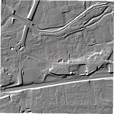 Shaded relief map of the ground around RG145RJ, computed from Environment Agency LiDAR. The ground here sits at about 75 m above sea level and falls 9 m across the surrounding 800 m. Surface water reaching this point runs off ground lying to the south, 4.8 m higher.