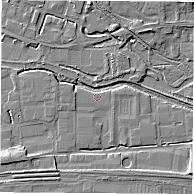 Shaded relief map of the ground around RG145RL, computed from Environment Agency LiDAR. The ground here sits at about 73 m above sea level and falls 13 m across the surrounding 800 m. Surface water reaching this point runs off ground lying to the south-west, 1.7 m higher.