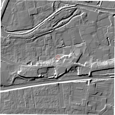 Shaded relief map of the ground around RG145RR, computed from Environment Agency LiDAR. The ground here sits at about 75 m above sea level and falls 10 m across the surrounding 800 m. Surface water reaching this point runs off ground lying to the south, 5.8 m higher.