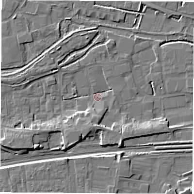 Shaded relief map of the ground around RG145RU, computed from Environment Agency LiDAR. The ground here sits at about 74 m above sea level and falls 10 m across the surrounding 800 m. Surface water reaching this point runs off ground lying to the south-south-west, 6.0 m higher.