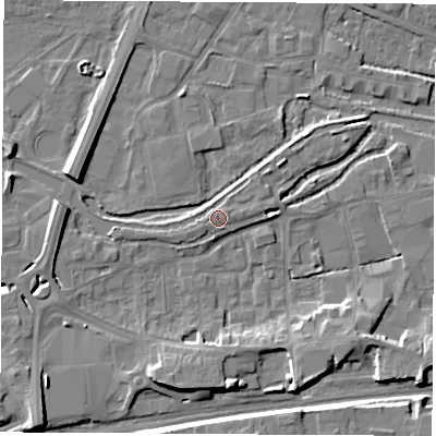 Shaded relief map of the ground around RG145SG, computed from Environment Agency LiDAR. The ground here sits at about 76 m above sea level and falls 9 m across the surrounding 800 m. Surface water reaching this point runs off ground lying to the north-east, 1.0 m higher.