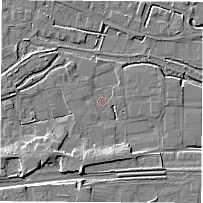 Shaded relief map of the ground around RG145SH, computed from Environment Agency LiDAR. The ground here sits at about 73 m above sea level and falls 10 m across the surrounding 800 m. Surface water reaching this point runs off ground lying to the south-south-west, 8.9 m higher.