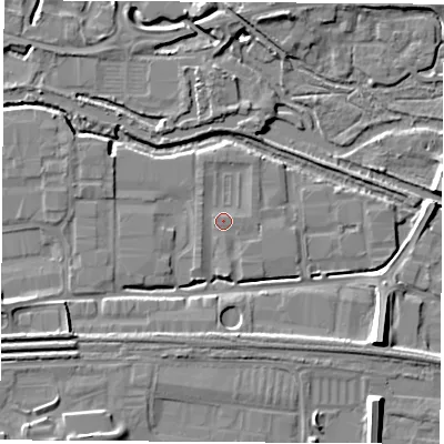 Shaded relief map of the ground around RG145SJ, computed from Environment Agency LiDAR. The ground here sits at about 74 m above sea level and falls 13 m across the surrounding 800 m. Surface water reaching this point runs off ground lying to the north-west, 1.0 m higher.