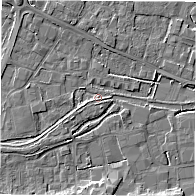 Shaded relief map of the ground around RG145SN, computed from Environment Agency LiDAR. The ground here sits at about 74 m above sea level and falls 7 m across the surrounding 800 m. Surface water reaching this point runs off ground lying to the west-south-west, 3.4 m higher.