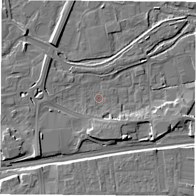 Shaded relief map of the ground around RG145SP, computed from Environment Agency LiDAR. The ground here sits at about 75 m above sea level and falls 9 m across the surrounding 800 m. Surface water reaching this point runs off ground lying to the south, 4.9 m higher.