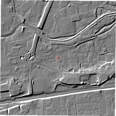 Shaded relief map of the ground around RG145SR, computed from Environment Agency LiDAR. The ground here sits at about 75 m above sea level and falls 9 m across the surrounding 800 m. Surface water reaching this point runs off ground lying to the south-west, 7.3 m higher.