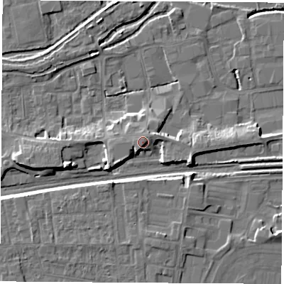 Shaded relief map of the ground around RG145SS, computed from Environment Agency LiDAR. The ground here sits at about 79 m above sea level and falls 10 m across the surrounding 800 m. The ground contributing surface water to this point lies to the south-south-west.