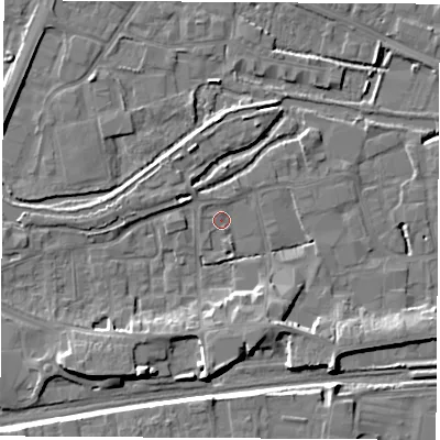 Shaded relief map of the ground around RG145SX, computed from Environment Agency LiDAR. The ground here sits at about 74 m above sea level and falls 10 m across the surrounding 800 m. Surface water reaching this point runs off ground lying to the south, 7.1 m higher.