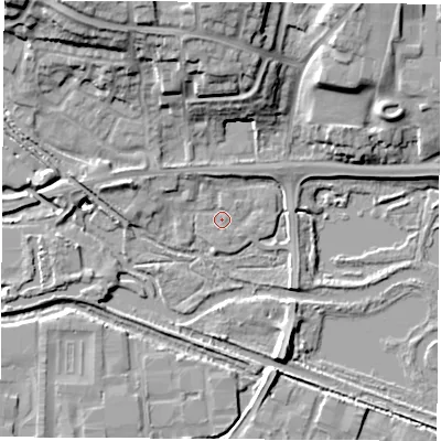 Shaded relief map of the ground around RG145TE, computed from Environment Agency LiDAR. The ground here sits at about 72 m above sea level and falls 19 m across the surrounding 800 m. Surface water reaching this point runs off ground lying to the west-north-west, 4.3 m higher.