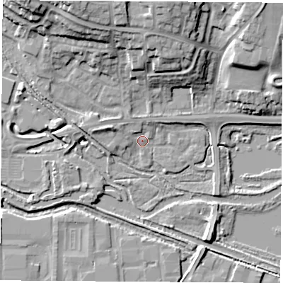 Shaded relief map of the ground around RG145UJ, computed from Environment Agency LiDAR. The ground here sits at about 72 m above sea level and falls 19 m across the surrounding 800 m. Surface water reaching this point runs off ground lying to the west-north-west, 3.8 m higher.