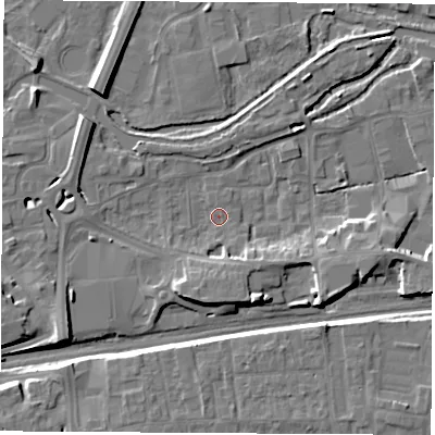 Shaded relief map of the ground around RG145XE, computed from Environment Agency LiDAR. The ground here sits at about 75 m above sea level and falls 9 m across the surrounding 800 m. Surface water reaching this point runs off ground lying to the south-south-west, 4.9 m higher.