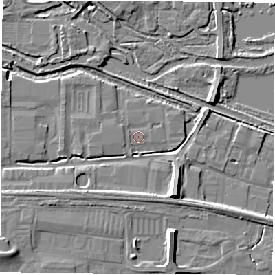 Shaded relief map of the ground around RG145XF, computed from Environment Agency LiDAR. The ground here sits at about 73 m above sea level and falls 13 m across the surrounding 800 m. Surface water reaching this point runs off ground lying to the west, 0.6 m higher.