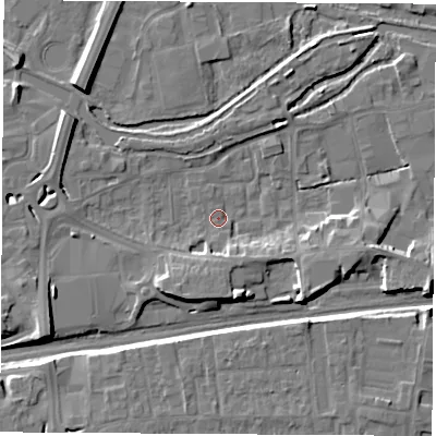 Shaded relief map of the ground around RG145XG, computed from Environment Agency LiDAR. The ground here sits at about 75 m above sea level and falls 9 m across the surrounding 800 m. Surface water reaching this point runs off ground lying to the south-south-west, 1.5 m higher.