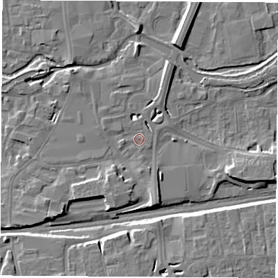 Shaded relief map of the ground around RG145XR, computed from Environment Agency LiDAR. The ground here sits at about 76 m above sea level and falls 8 m across the surrounding 800 m. Surface water reaching this point runs off ground lying to the south-south-west, 4.1 m higher.