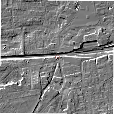 Shaded relief map of the ground around RG147BE, computed from Environment Agency LiDAR. The ground here sits at about 79 m above sea level and falls 14 m across the surrounding 800 m. Surface water reaching this point runs off ground lying to the south-west, 12.0 m higher.
