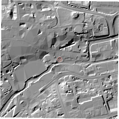 Shaded relief map of the ground around RG14FS, computed from Environment Agency LiDAR. The ground here sits at about 37 m above sea level and falls 11 m across the surrounding 800 m. Surface water reaching this point runs off ground lying to the south-south-east, 9.9 m higher.