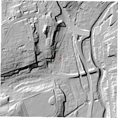 Shaded relief map of the ground around RG16AY, computed from Environment Agency LiDAR. The ground here sits at about 39 m above sea level and falls 25 m across the surrounding 800 m. Surface water reaching this point runs off ground lying to the west, 22.3 m higher.