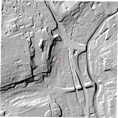 Shaded relief map of the ground around RG16AZ, computed from Environment Agency LiDAR. The ground here sits at about 39 m above sea level and falls 25 m across the surrounding 800 m. Surface water reaching this point runs off ground lying to the west, 13.5 m higher.