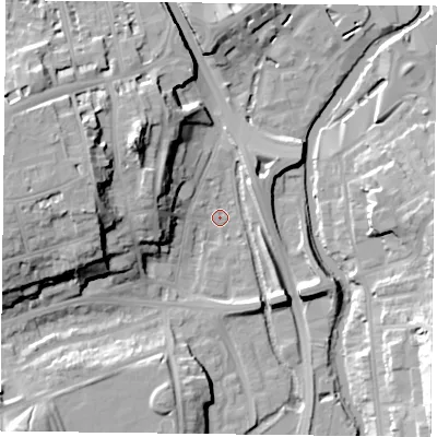 Shaded relief map of the ground around RG16BA, computed from Environment Agency LiDAR. The ground here sits at about 39 m above sea level and falls 24 m across the surrounding 800 m. Surface water reaching this point runs off ground lying to the west, 22.0 m higher.