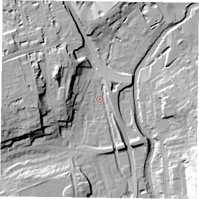 Shaded relief map of the ground around RG16BB, computed from Environment Agency LiDAR. The ground here sits at about 39 m above sea level and falls 29 m across the surrounding 800 m. Surface water reaching this point runs off ground lying to the west, 22.2 m higher.