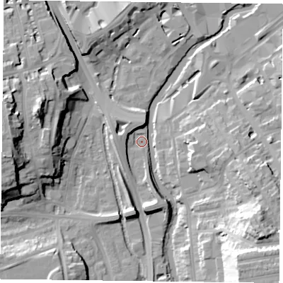 Shaded relief map of the ground around RG16BU, computed from Environment Agency LiDAR. The ground here sits at about 38 m above sea level and falls 30 m across the surrounding 800 m. Surface water reaching this point runs off ground lying to the south-east, 26.6 m higher.
