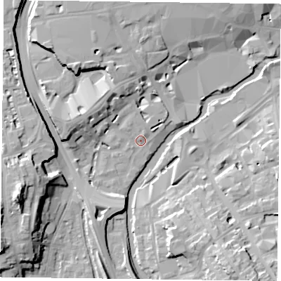 Shaded relief map of the ground around RG16BY, computed from Environment Agency LiDAR. The ground here sits at about 39 m above sea level and falls 22 m across the surrounding 800 m. Surface water reaching this point runs off ground lying to the west-north-west, 8.0 m higher.