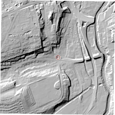 Shaded relief map of the ground around RG16HG, computed from Environment Agency LiDAR. The ground here sits at about 39 m above sea level and falls 25 m across the surrounding 800 m. Surface water reaching this point runs off ground lying to the west-north-west, 22.2 m higher.