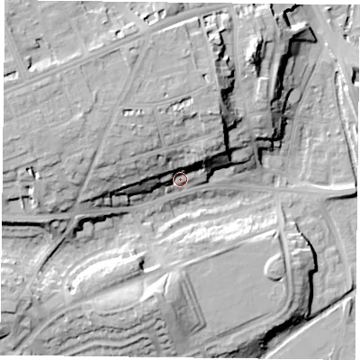 Shaded relief map of the ground around RG16JE, computed from Environment Agency LiDAR. The ground here sits at about 46 m above sea level and falls 24 m across the surrounding 800 m. Surface water reaching this point runs off ground lying to the north-north-west, 16.7 m higher.