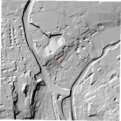 Shaded relief map of the ground around RG16QB, computed from Environment Agency LiDAR. The ground here sits at about 41 m above sea level and falls 24 m across the surrounding 800 m. Surface water reaching this point runs off ground lying to the west-north-west, 6.2 m higher.