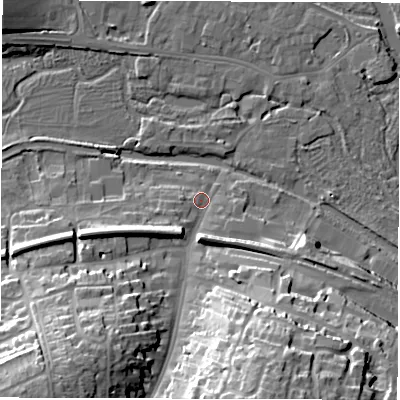 Shaded relief map of the ground around RG170DN, computed from Environment Agency LiDAR. The ground here sits at about 98 m above sea level and falls 33 m across the surrounding 800 m. Surface water reaching this point runs off ground lying to the south-south-east, 28.8 m higher.
